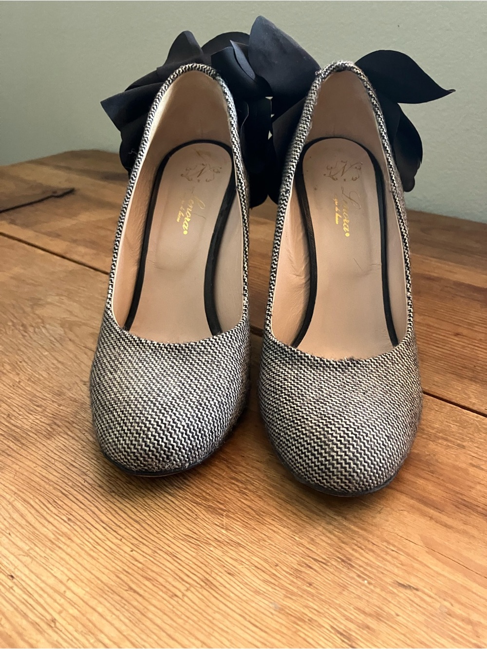 Black & White Tweed Block Heel Pumps with Floral Heel Accent - Picture 3 of 11